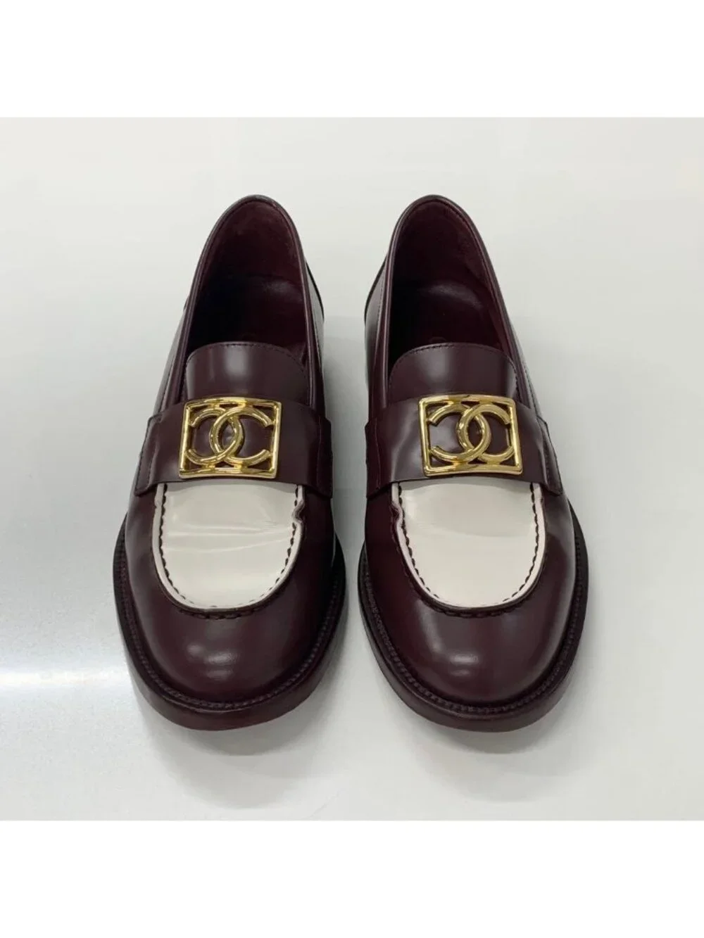 Chanel CC Logo Leather Loafers Burgundy White